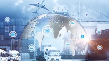 Global logistics with trucks, ships, and planes