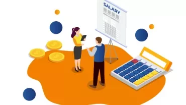 Two people discuss salary in front of a board with a large calculator and coins nearby.