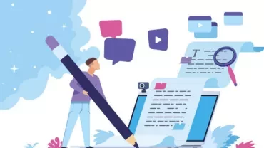 Illustration of a person writing large documents with digital icons.