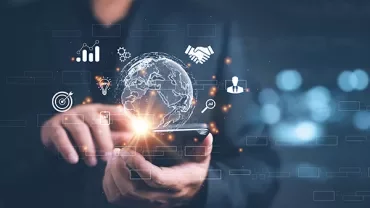 Person using smartphone with global network icons and digital effects.