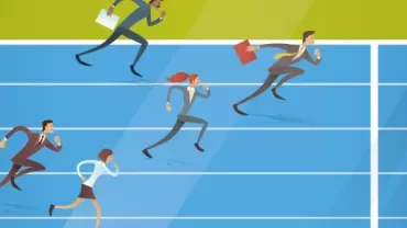 Illustration of businesspeople running a race on a track.