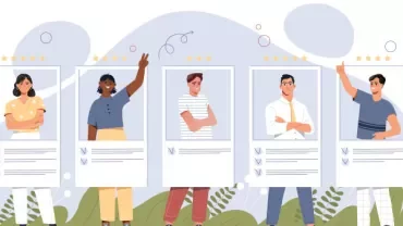 Illustration of diverse individuals on rating cards against a patterned background.