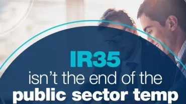 IR35 message with people discussing in a bright office.
