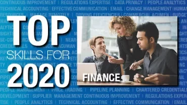 Image about top skills for 2020 featuring finance with a group of people discussing at a desk.