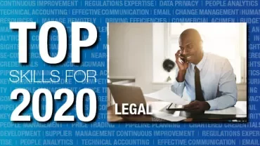 Person on a phone call at a desk with 'Top Skills for 2020: Legal' text overlay.