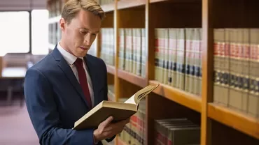 Person reading a book in a library with shelves of books in the background.